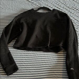 ALO Yoga Black Cropped Crew Sweatshirt distressed look